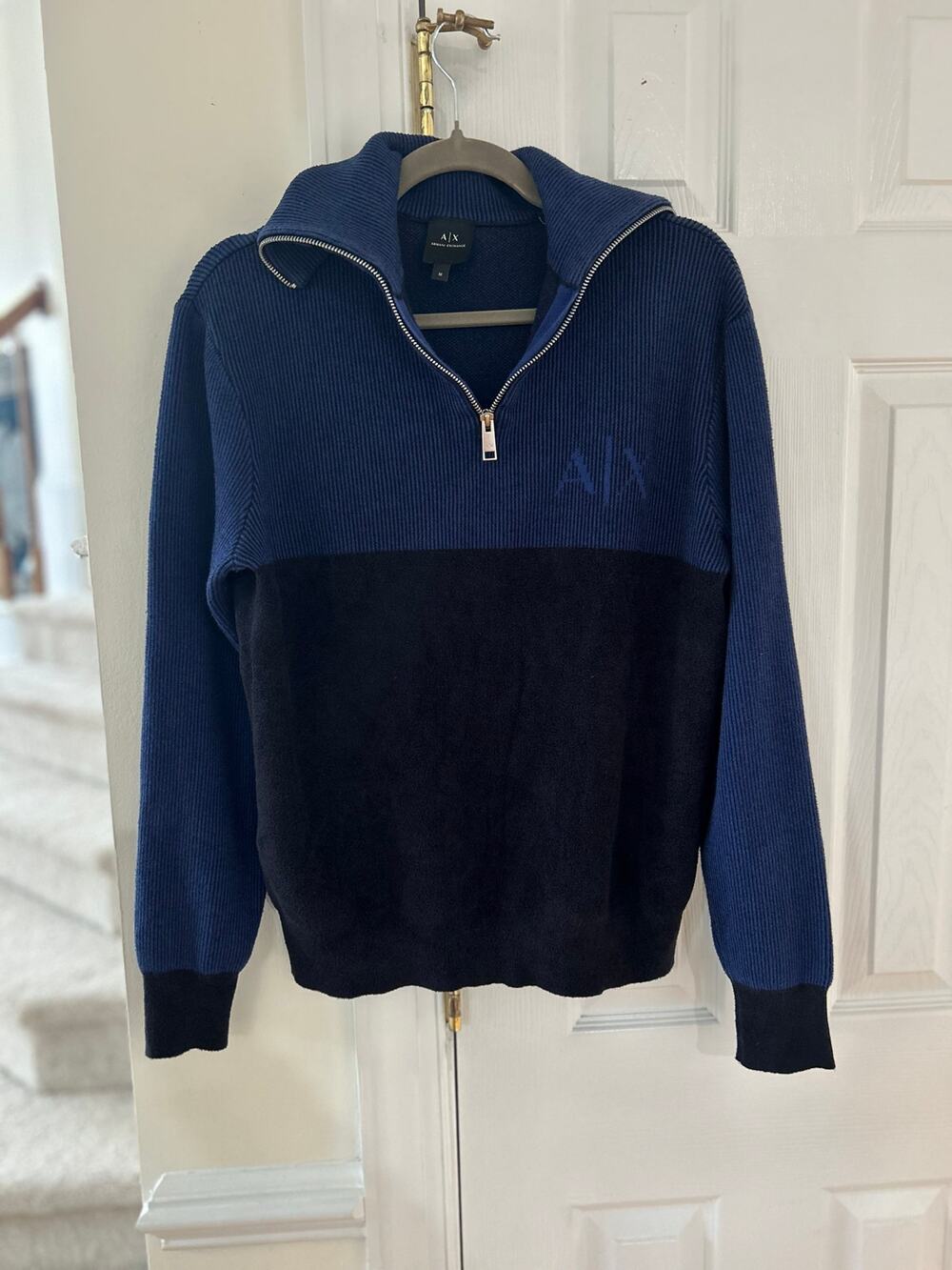 Armani Exchange Navy Black Knit & Fleece Johnny Collar Quarter Zip Sweater